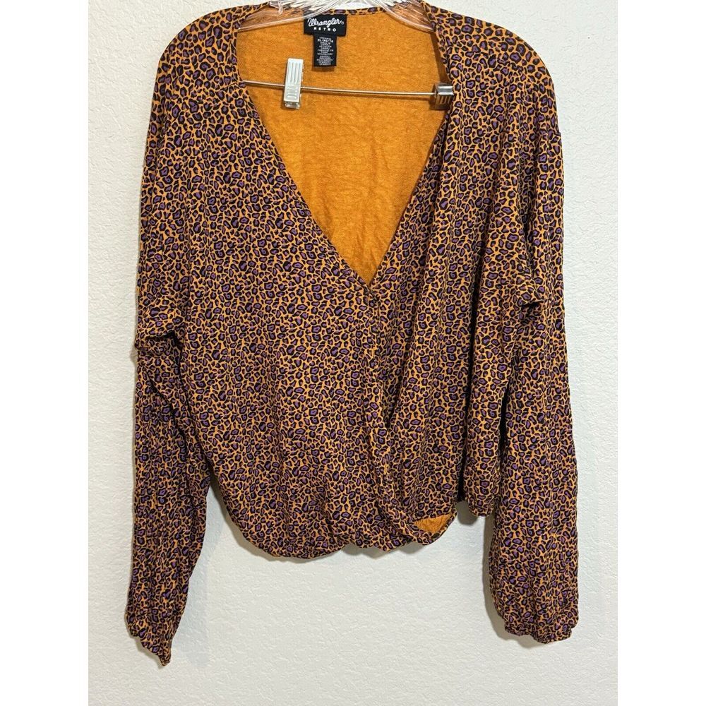 Wrangler Retro Top Womens XL Long Sleeve Animal Print Wrap Front Purple Gold